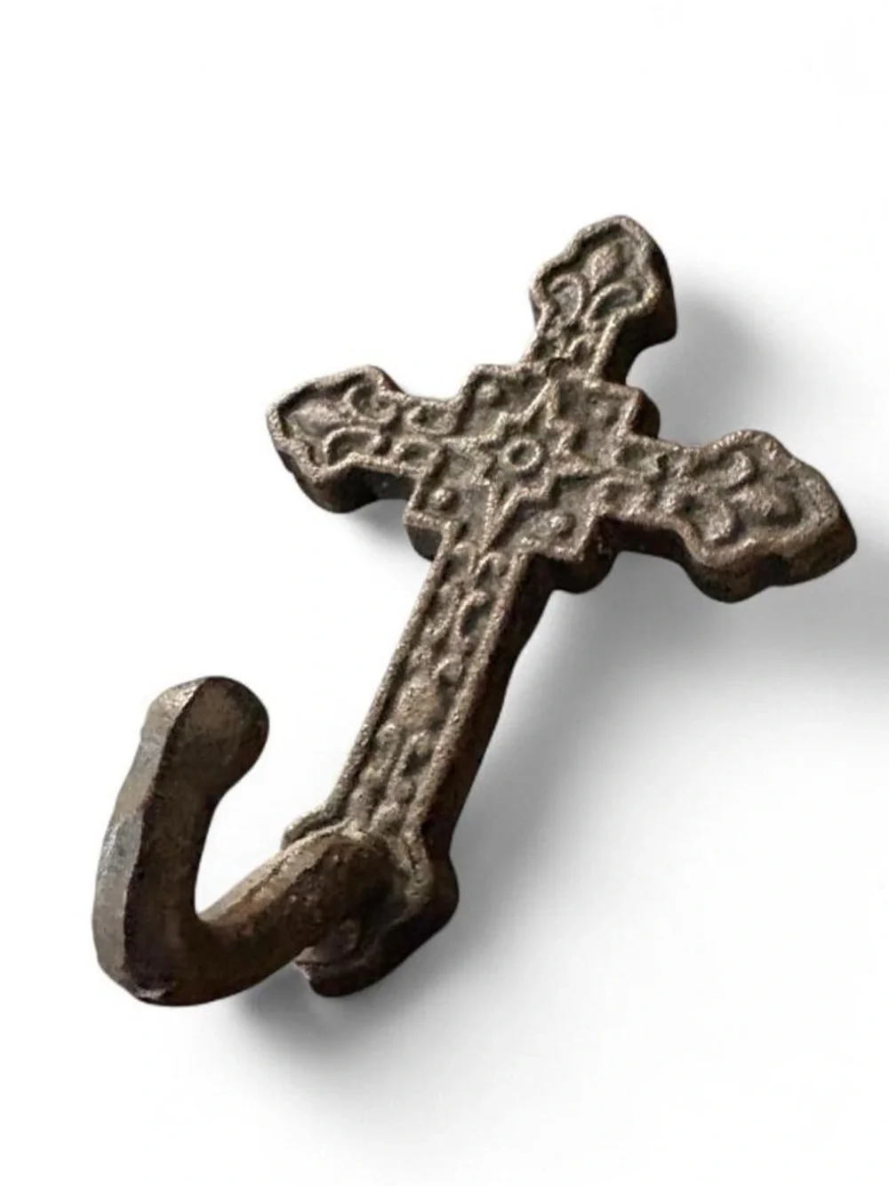 Cast Iron Ornate Cross Wall Hook - Fleur-de-Lis & Star Design Rustic Hanger